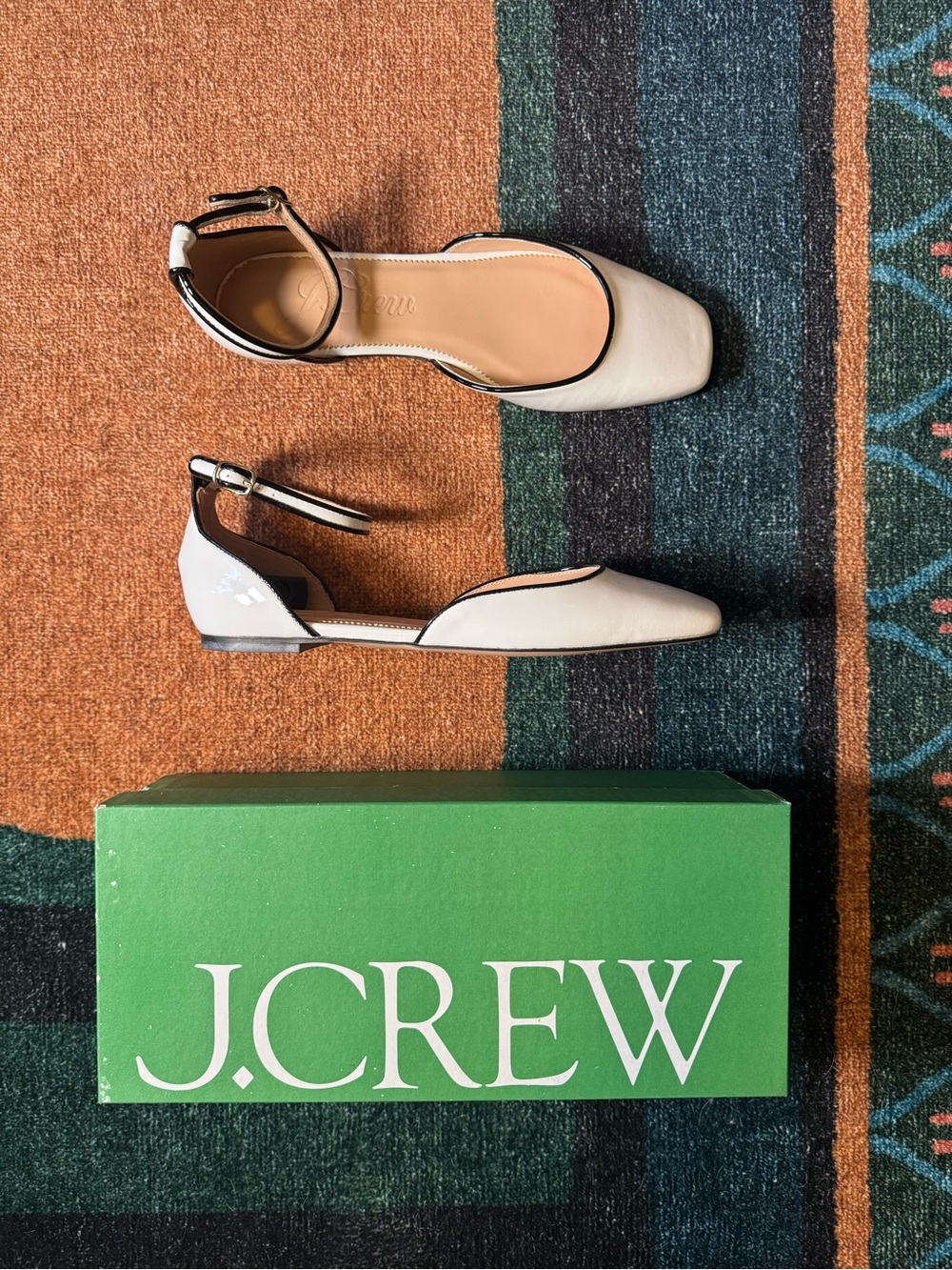J. Crew White Patent Leather Pointed Ankle-Strap Flats with Black Trim